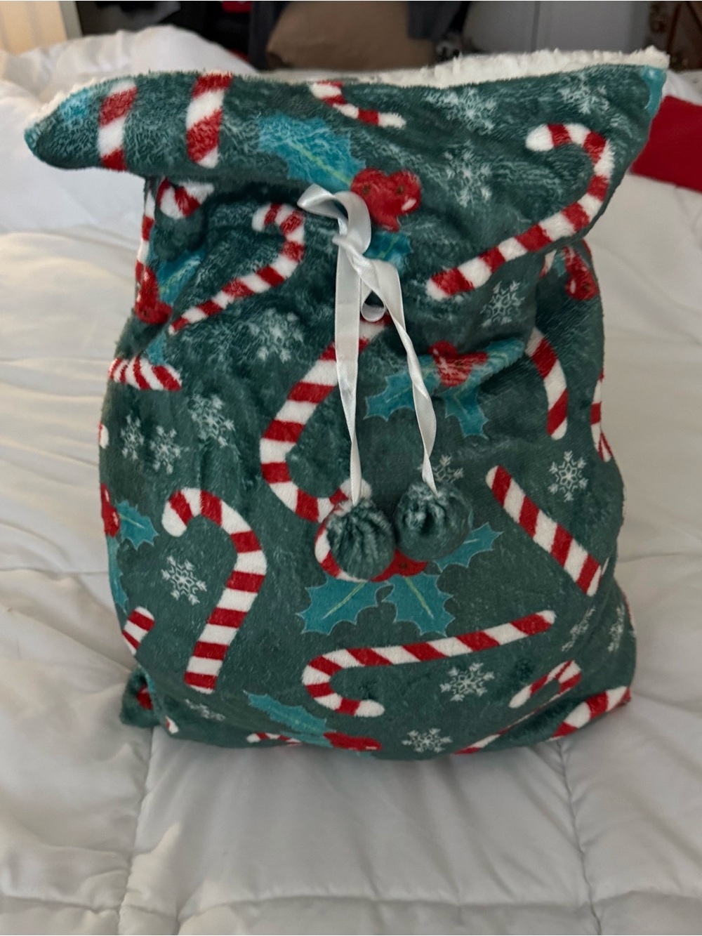 Plush Holiday Throw Blanket with Candy Cane & Holly Print - Green